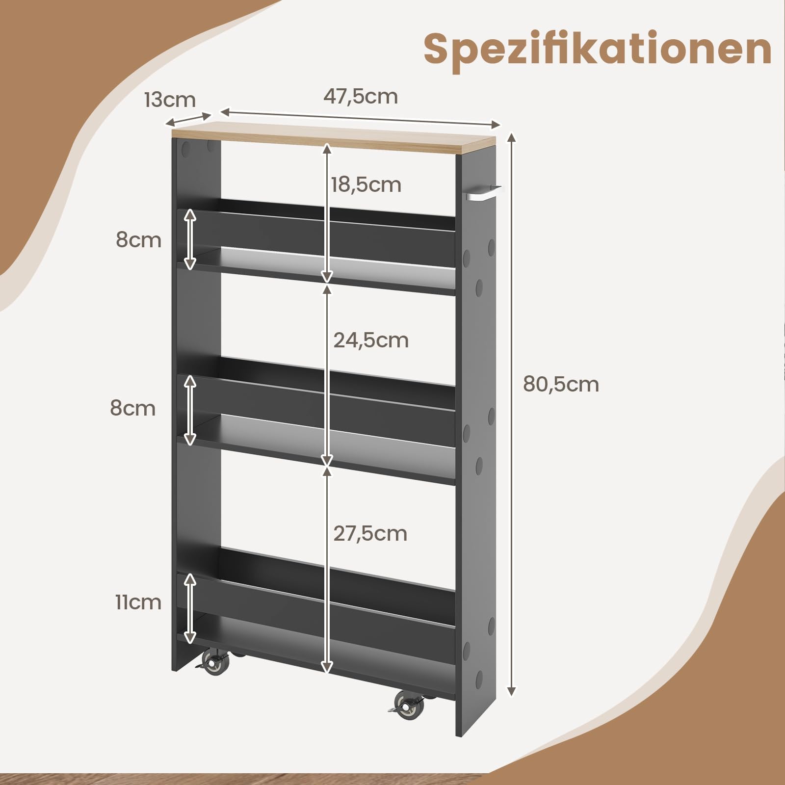 FANTASK Küchenwagen schmal auf Rollen, Nischenregal 13cm breit, 4 Etagen Servierwagen, Nischenwagen mit Griff & Geländern, Badregal Holz für Küche & Badezimmer, 47,5x13x80,5cm (Grau+Natur)