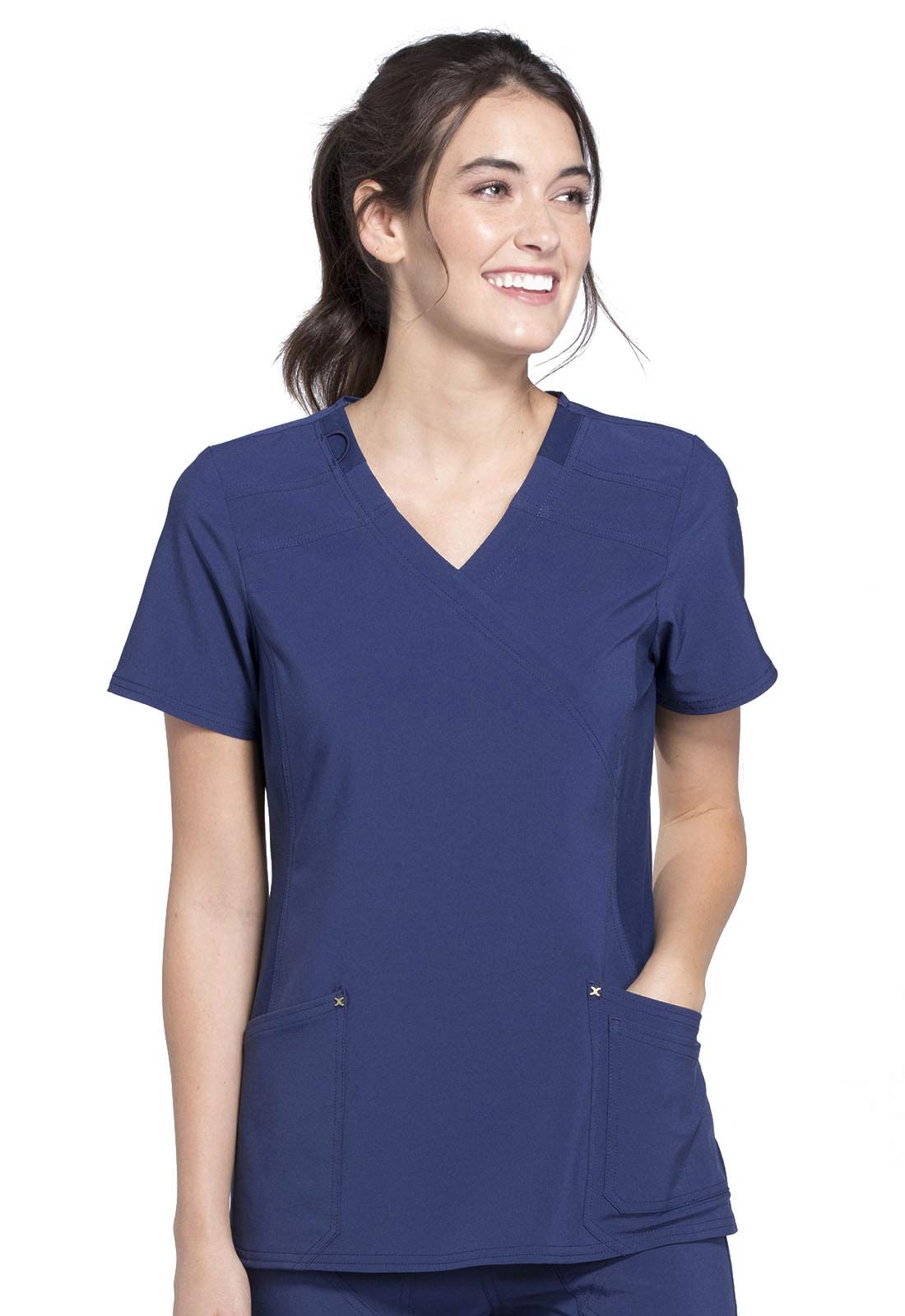 Cherokee Women Mock Wrap Contemporary Fit Scrubs Top with Stretchy Knit Panel CK680