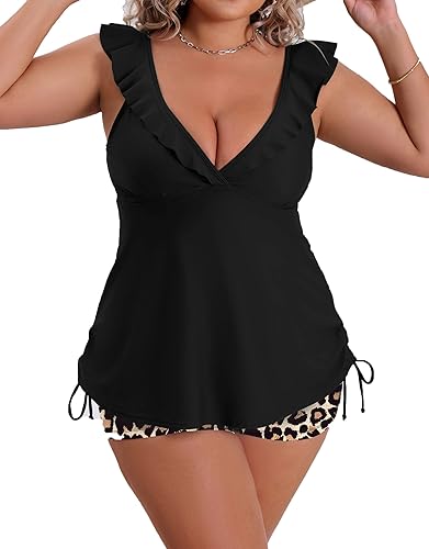 B2prity Women's Plus Size Tankini Swimsuits Deep V Neck Ruffled Bathing Suits Two Piece Tummy Control Swimwear with Shorts