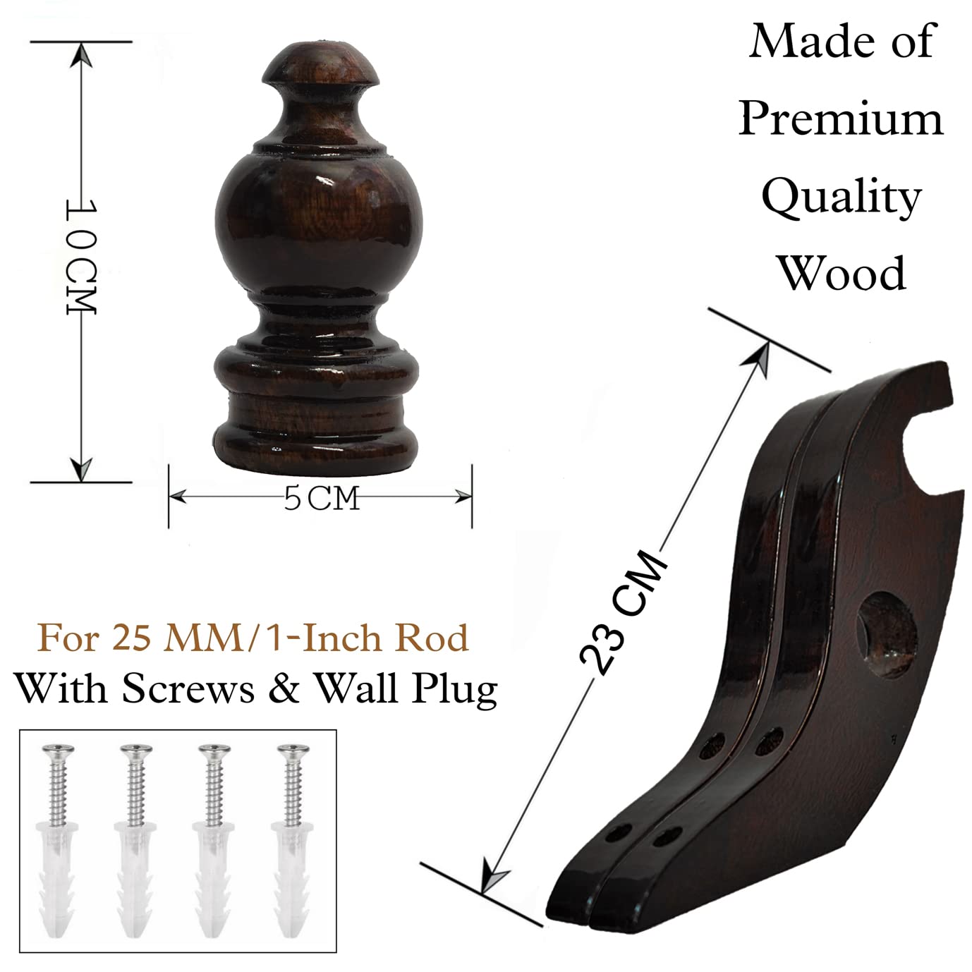 PARAS | Wooden Double Curtain Finials with Bracket for 1 Inch/25 mm Rod