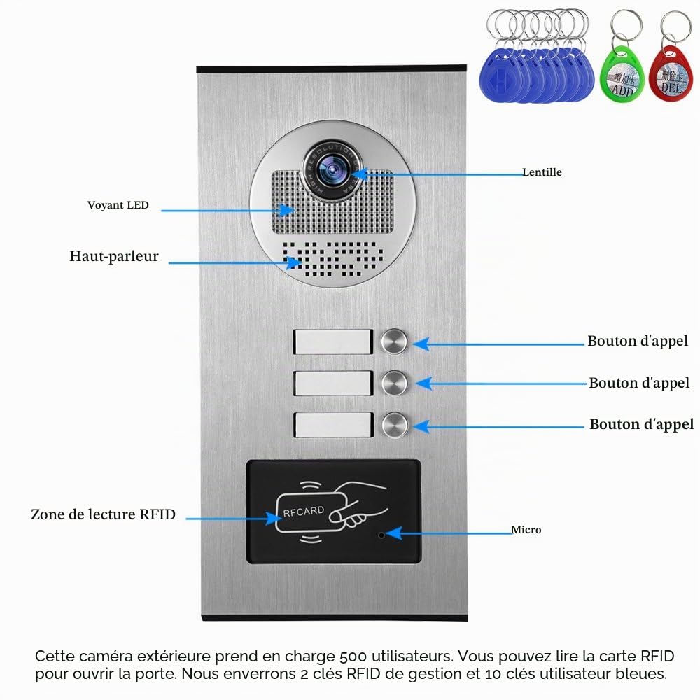 7 '' Couleur Filaire Interphone Vidéo Porte Système de Téléphone kit 700TVL RFID Accès Entrée Caméra Sonnette 3 Monitors pour Multi- Appartements/Maison