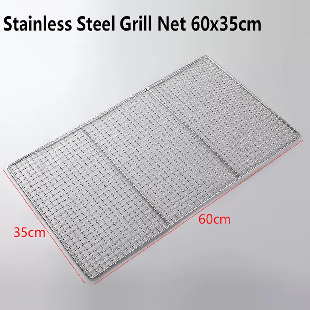 Alfombrilla de acero inoxidable para barbacoa de 60 x 35 cm, resistente al calor, antiadherente, malla de cocción para camping, perfecta para pescado, filetes, verduras y camarones, ideal para picnics