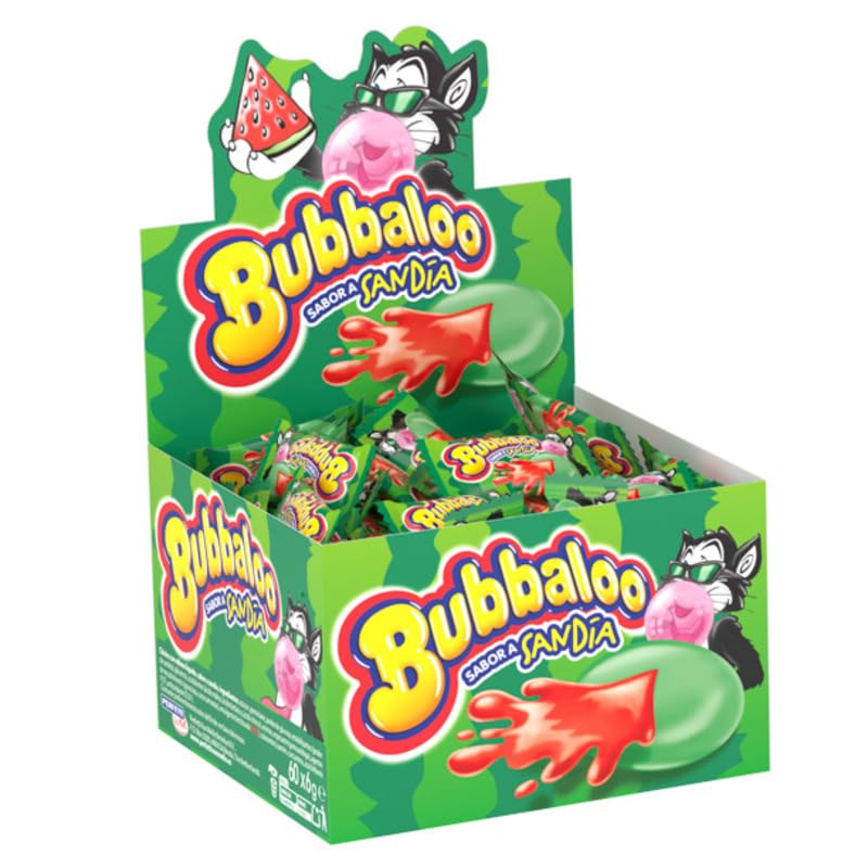 Chicles Bubbaloo con Relleno Líquido – Caja de 60 Unidades | Sabores Tutti Frutti, Fresa y Sandía | Chicles Hinchables con Centro Líquido (Paquete 60 unidades, Sandia)