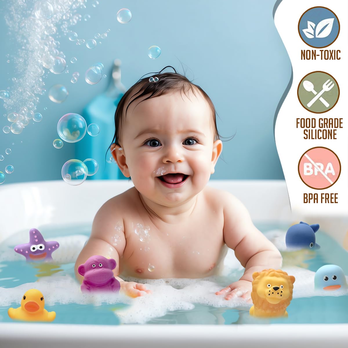 Amazon Brand - Jam & Honey Baby Bath Toy Set 3+ Months, 13 Pieces Floating Animal Squeeze Toys, Sea Wild & Domestic Bath Toys for Kids & Babies, BPA Free, BIS Certified Safe 1