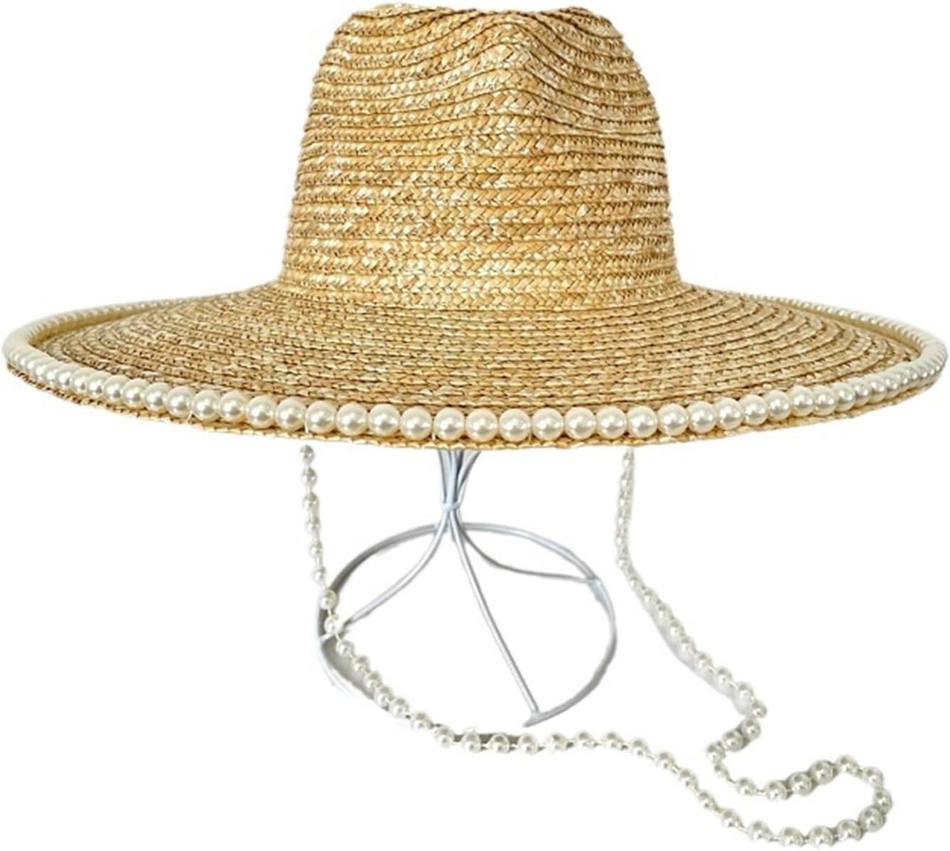 Legant Straw Flat Hat with Pearl Accent for Outdoor Travel and Beach Sun Protection