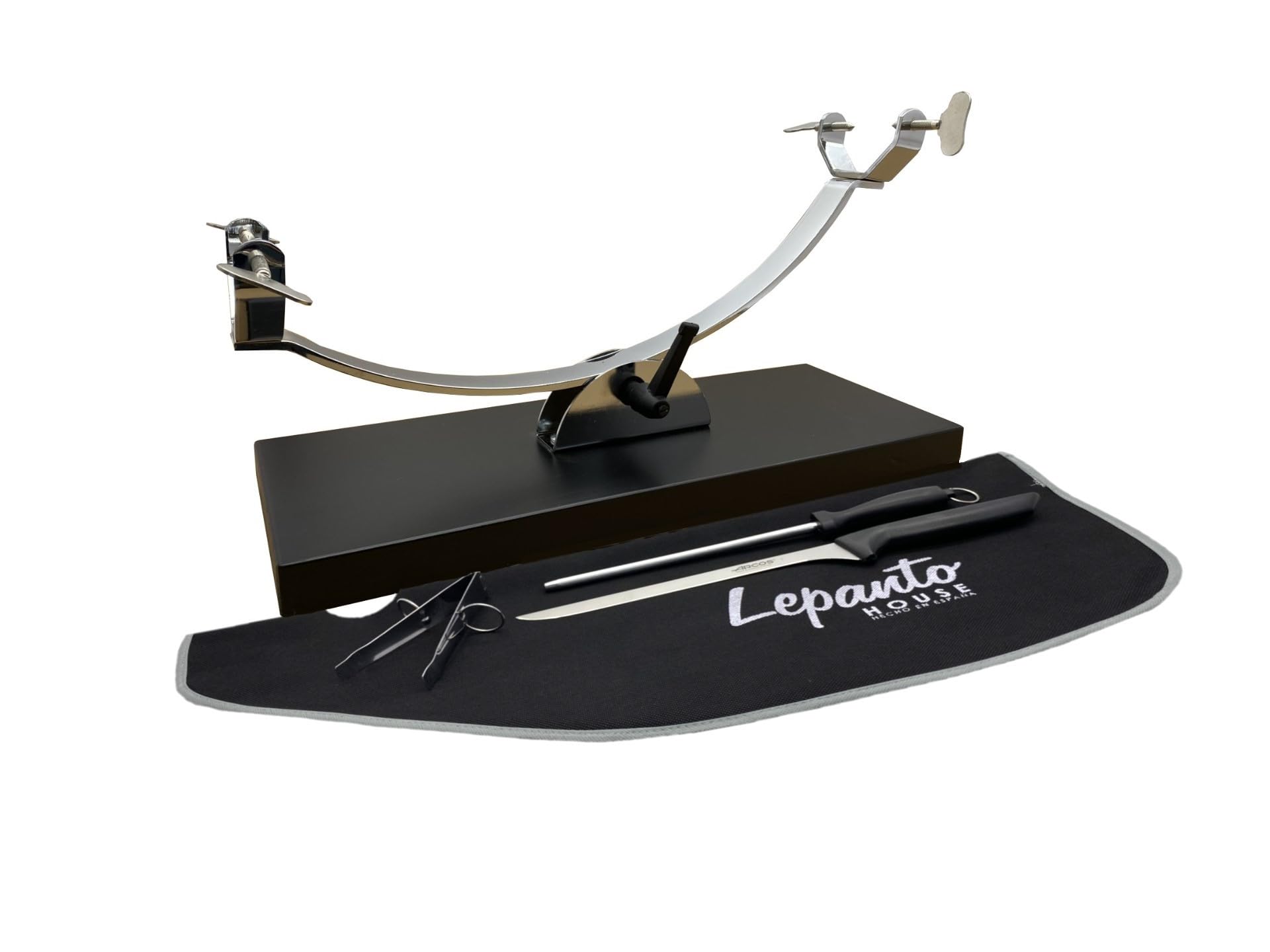 LEPANTO Jamonero Basculante, Soporte jamonero Serrano mas Set de Corte Arcos, Jamonero Profesional, Jamonera Ideal para Jamónes y Pletillas