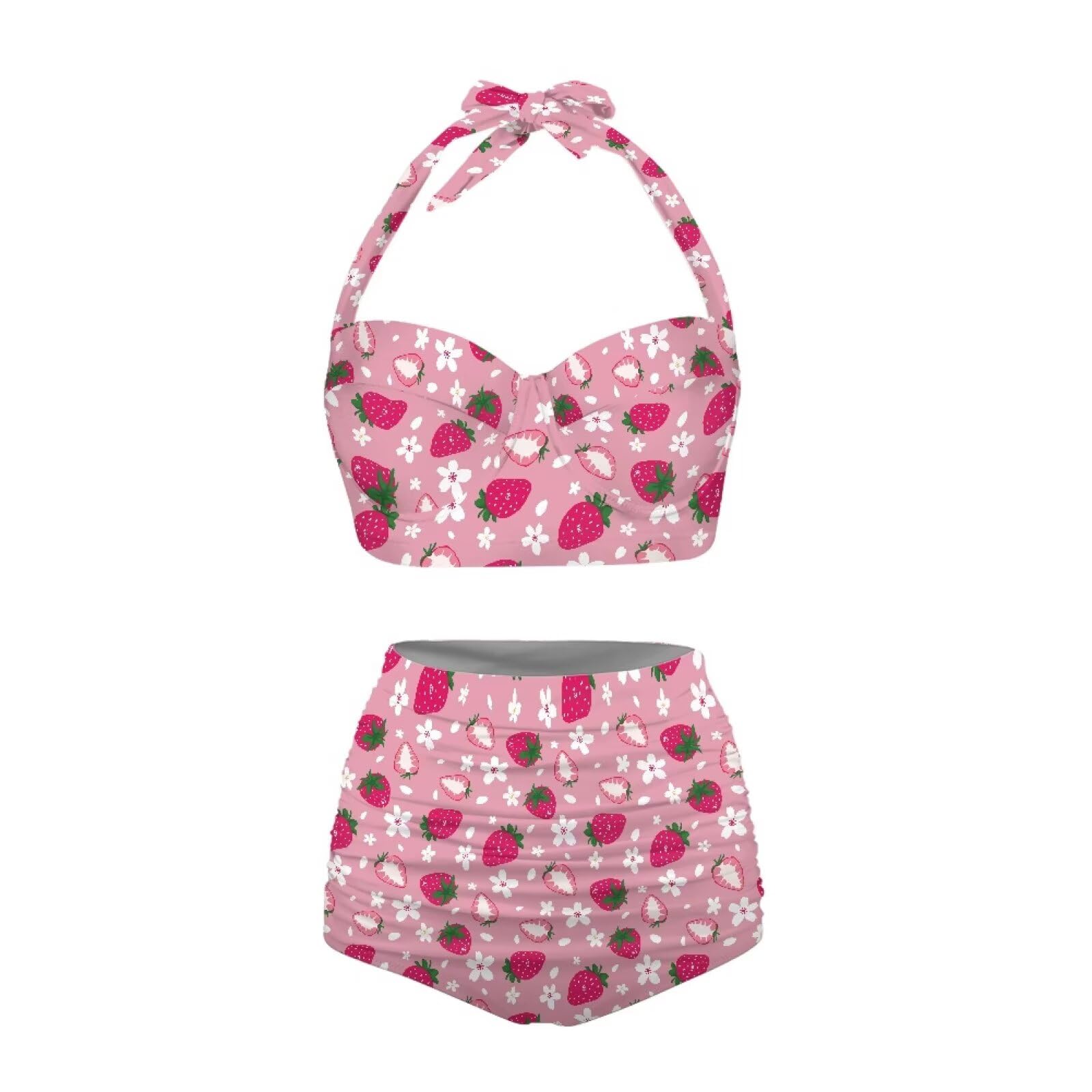 Yuuxorilu Women Two Piece High Waist Bikini Set Halter Ruched High Waist Bikini with Bottom