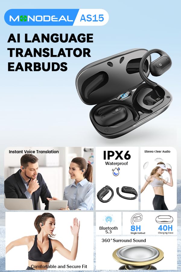 Écouteurs Traducteur Instantané MONODEAL - Bluetooth 5.3 - 134 Langues - Parfait Voyage