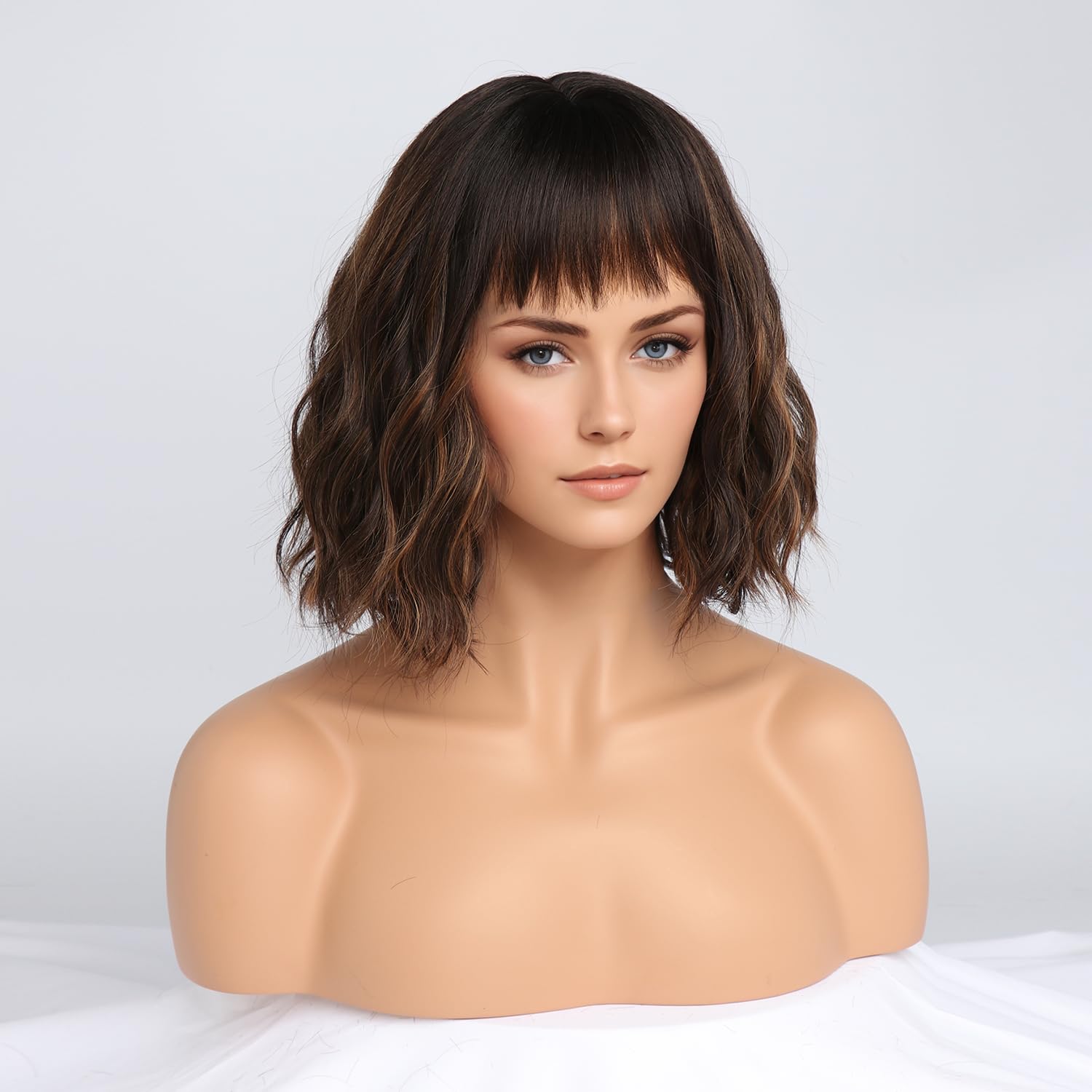 SIMKAYLEE Short Brown Bob Wigs for Women with Highlights Bangs Wavy Shoulder Length Female Brown Highlighted Wig Fringe Ladies Water Wave Synthetic Hair for Daily Cosplay Fancy Dress Wear (12 inch) - Image 3