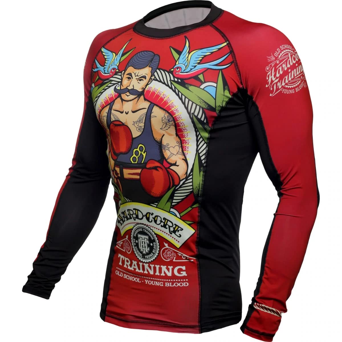 Hardcore Training Rash Guard Mężczyźni Kompresja Koszulka Długi Rękaw BJJ MMA No-Gi Obcisła Grappling Boks (DE/NL/SE/PL, Alfa, XL, Regularny, Regularny, czerwony czarmy)