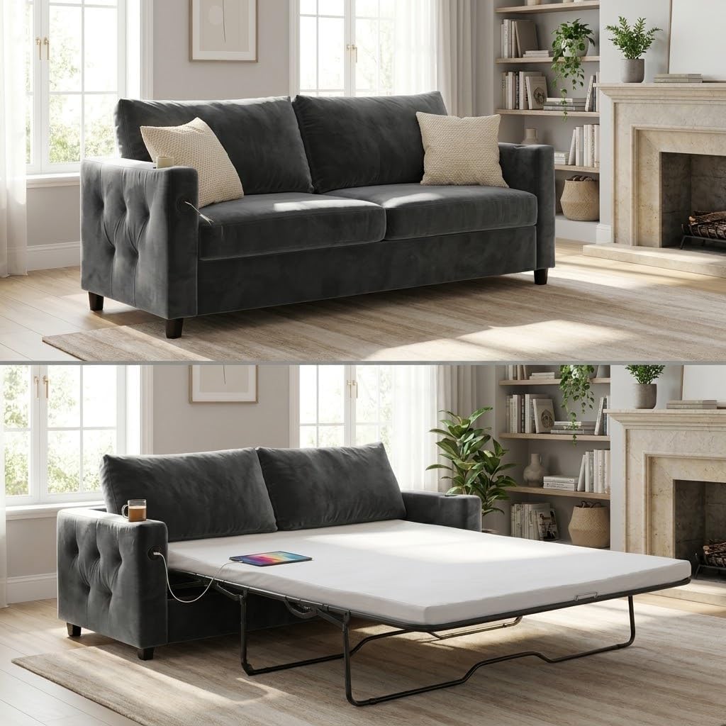 BALUS Pull Out Sofa Bed, Queen Sleeper Sofa with Pullout Couch Bed, 2-in-1 Convertible Sofas Beds with Cup Holder and USB Charging Port,Loveseat Sleeper with Memory Mattress for Living Room, Dark Gray