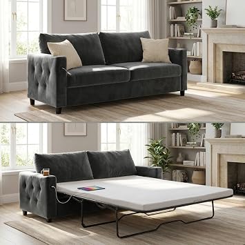BALUS Pull Out Sofa Bed, Full Size Sleeper Sofa with Inbuilt Cup Holder & USB Ports, 2-in-1 Convertible Pullout Couch with Memory Foam Mattress for Living Room Home Office, Dark Grey