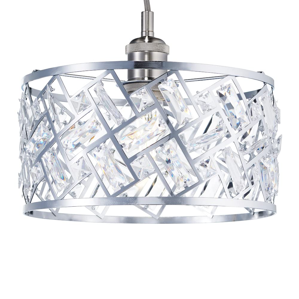 Modern Chrome Plated and Clear Acrylic Shallow Drum Pendant Lighting Shade with Rectangular Panels | 60w Maximum | 26cm Diameter by Happy Homewares