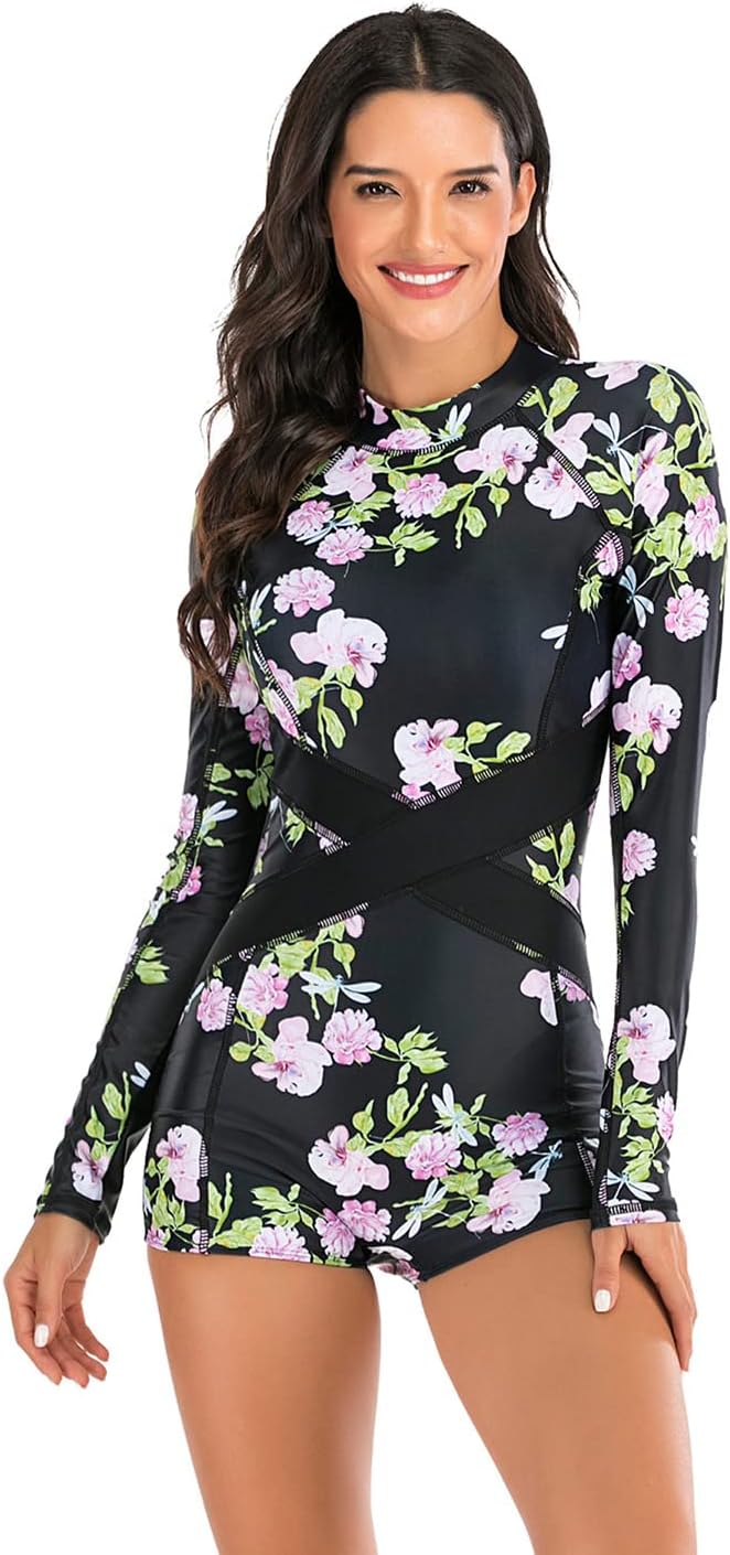 Aivtalk Rash Guard Suit for Women Long Sleeve One Piece Swimsuit Tummy Control UV Protection Bathing Suits Swimwear