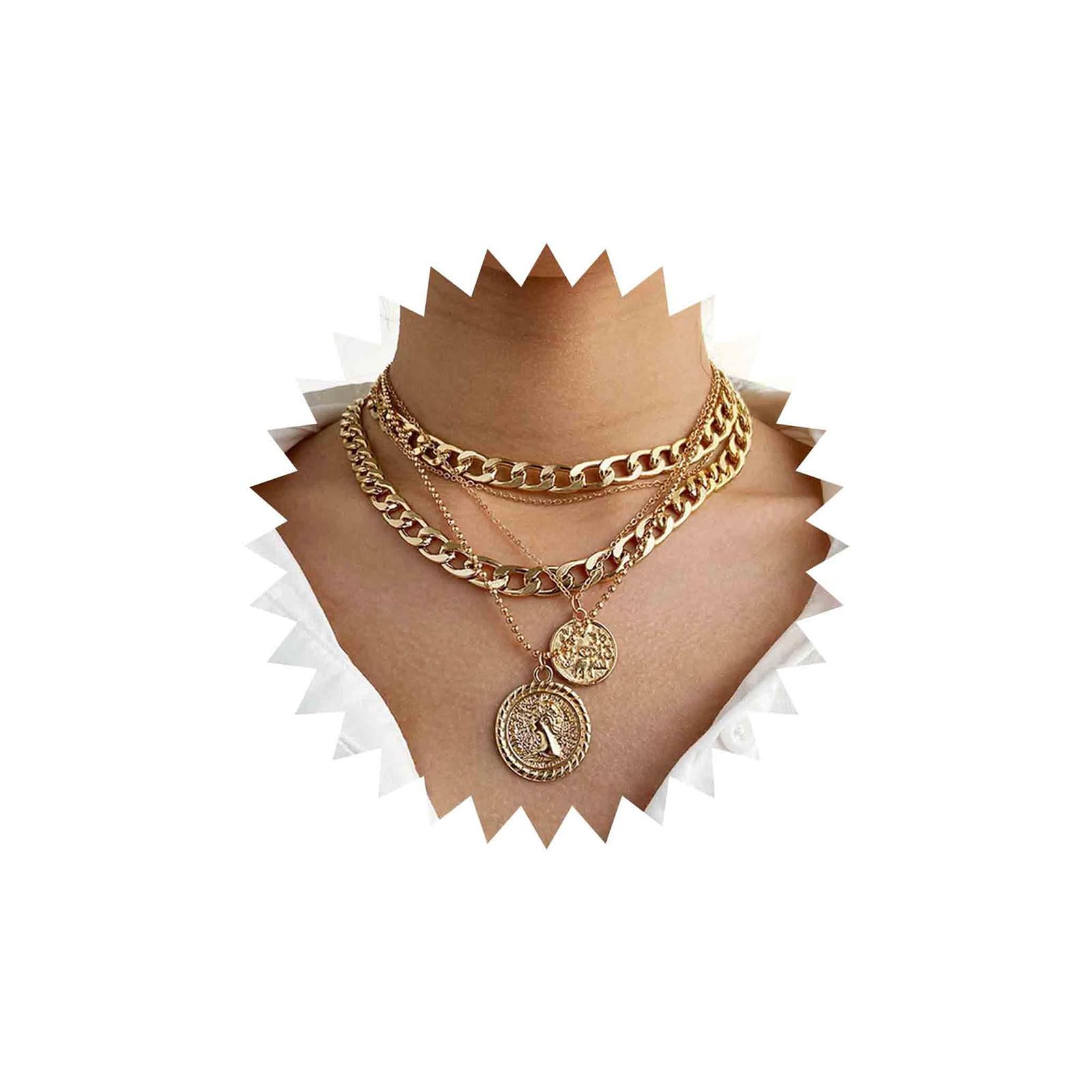 Aneneiceera Boho Multilayer Coin Necklace Vintage Oro Chunky Catena Cubana Choker Rock Dichiarazione Stratificata Moneta Collana Disco Moneta Ciondolo Collana Fascino Per Le Donne E Le Ragazze (oro