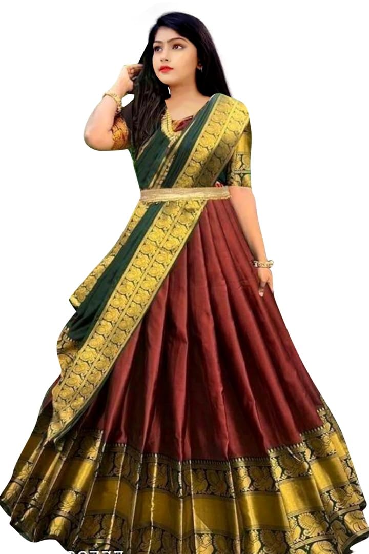 JAY NEJADHARI CREATIONGirl's Chanderi Unstitched Lehenga Choli Maroon-Green 14 Years-15 Years