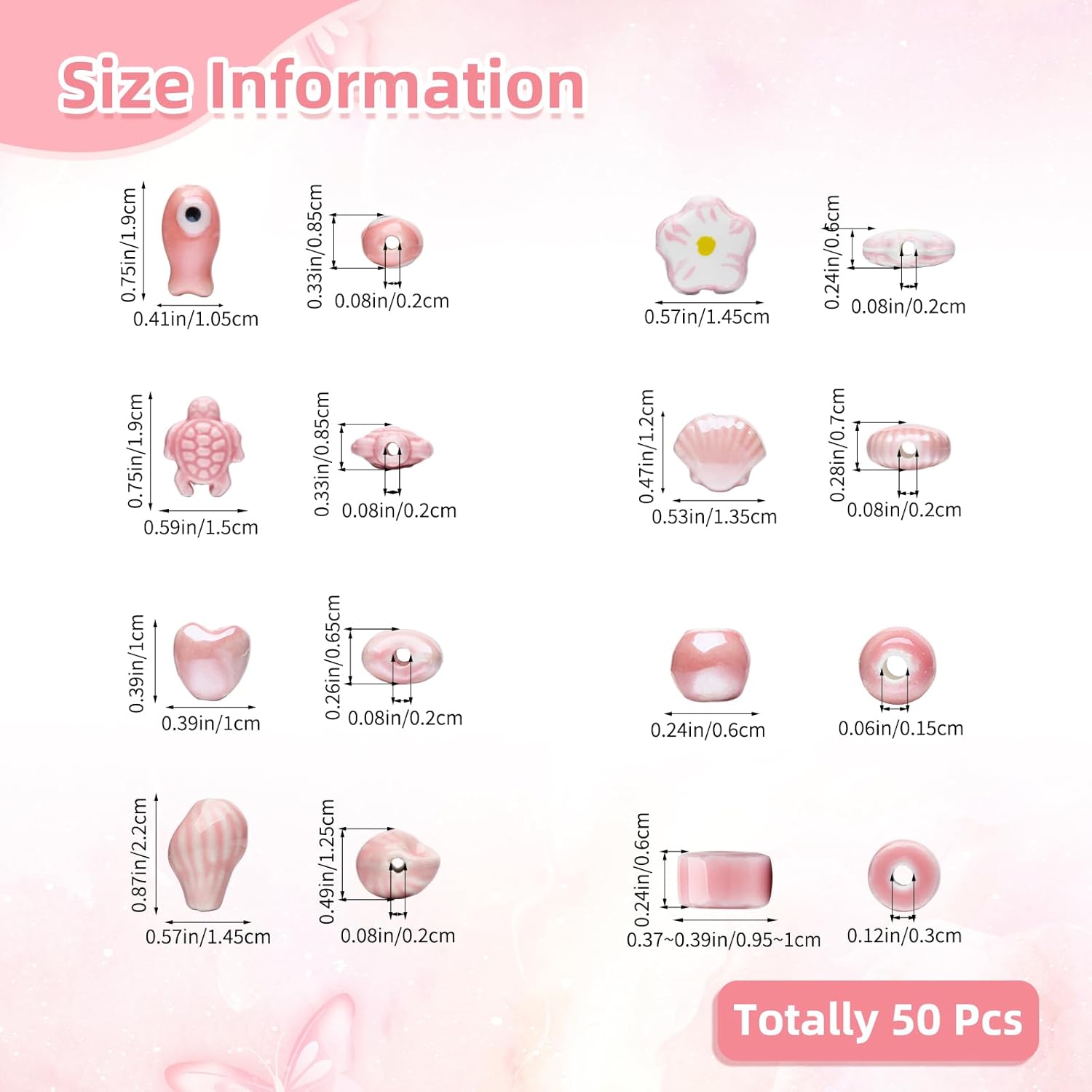 50 Pcs Ceramic Beads for Jewelry Making Assorted Shaped Porcelain Beads Cute Cat Fish Flower Shell Spacer Bead for Bracelets Earring DIY Crafts Making(Pink) - Image 2