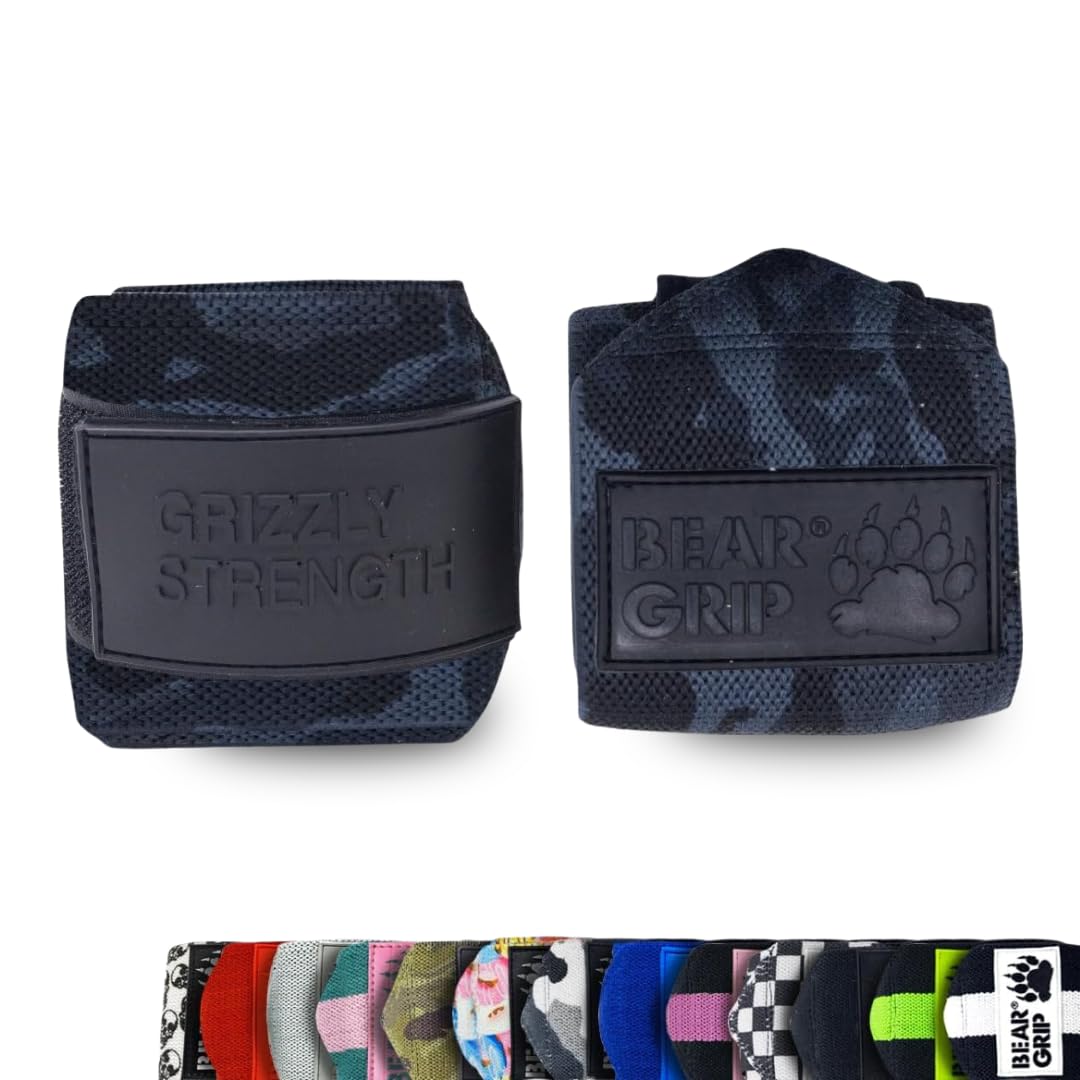 BEAR GRIP - Premium Heavy Duty Weight Lifting Wrist Wraps, Bodybuilding, Crossfit, Powerlifting, StrongMan (Dark Camo, 18 Inches)