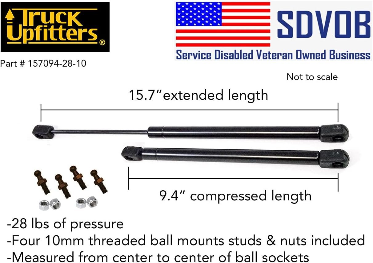 Truck Upfitters 2 pcs Gas Struts 16 Inch | 28 lbs Hood Struts Lift Support | Compatible with are, Snugtop, ATC, Leer Camper Shells | Truck Cap Replacement Parts, Gas Spring Includes 4 Ball Mounts
