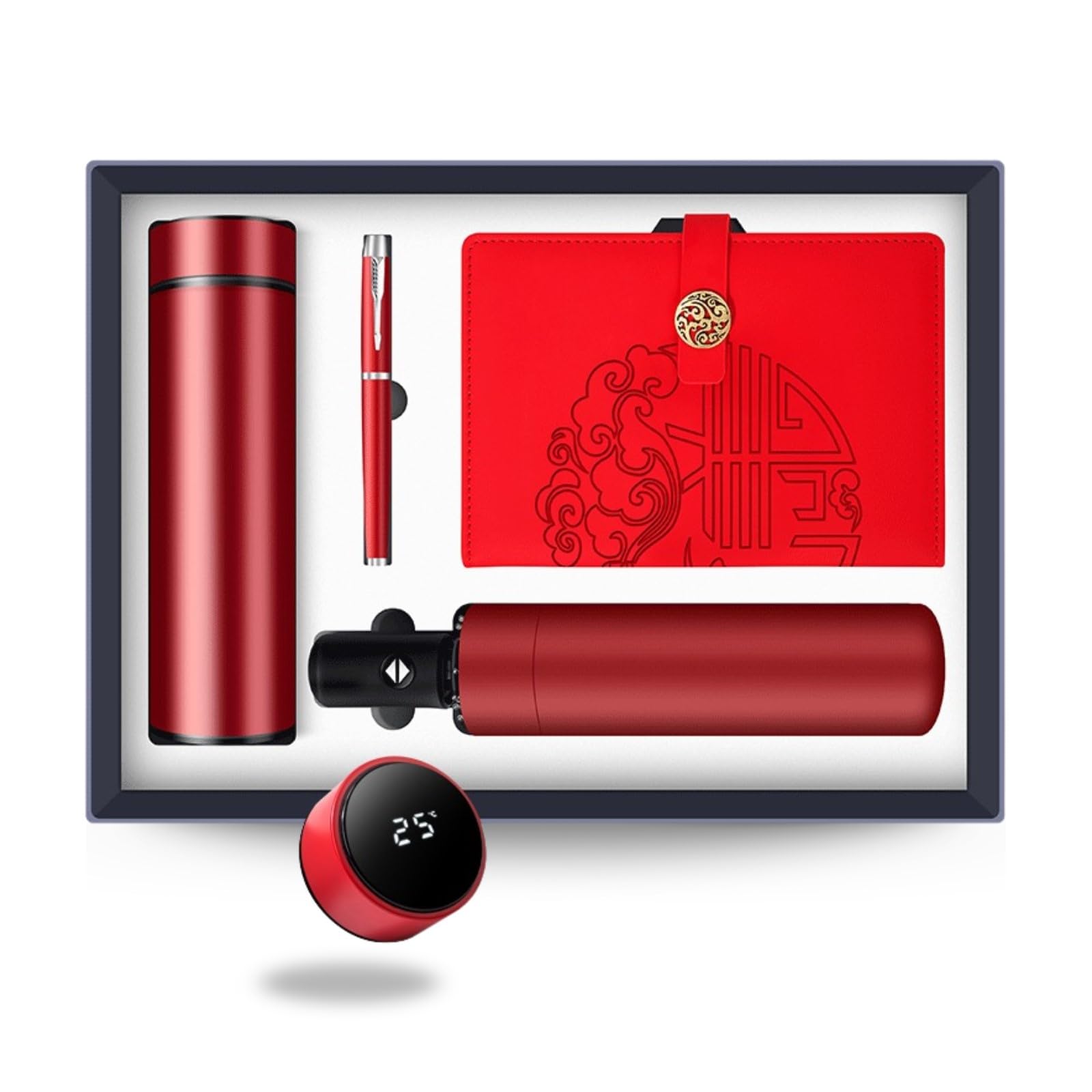 Jystock Limited Luxury Gift Box Set – Premium Essentials for Him & Her – Ideal Corporate, Birthday, Christmas, Valentine’s & Mother’s Day Gift (Vacuum Flask, A5 Notebook, Pen, Umbrella). Red