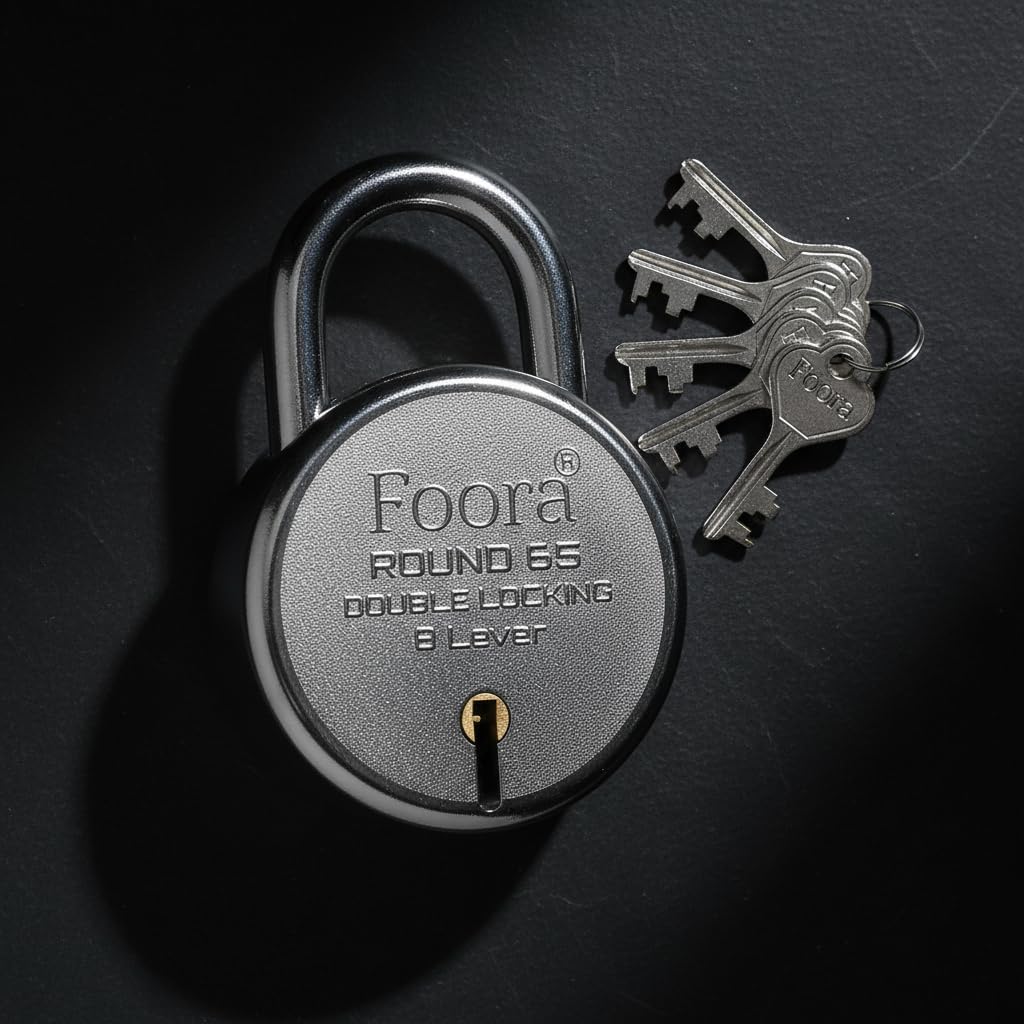New Round 65mm Lock and keys | Heavy Duty Shackle Padlock | Home Metal Body | Double Locking | 8 Steel Lever | 5 Silver Keys with Keychain | Home Improvement | Silver Finsih | Made in India | Export in USA | Canada-image-48