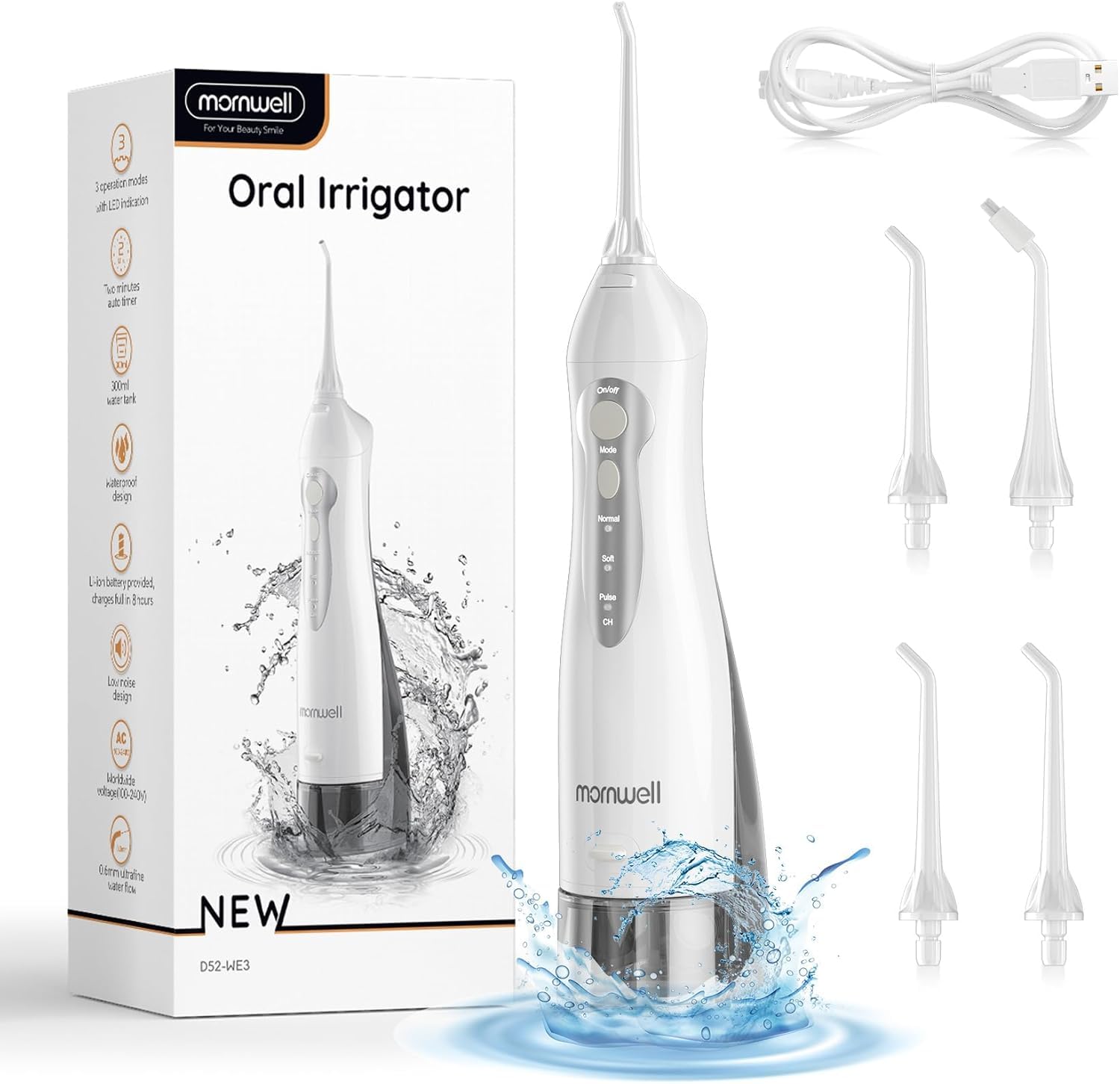 Idropulsore senza fili, idropulsore per denti, serbatoio da 300 ml e 4 punte a getto, 3 modalità, irrigatore orale dentale portatile, per la cura delle bretelle, ricaricabile e impermeabile