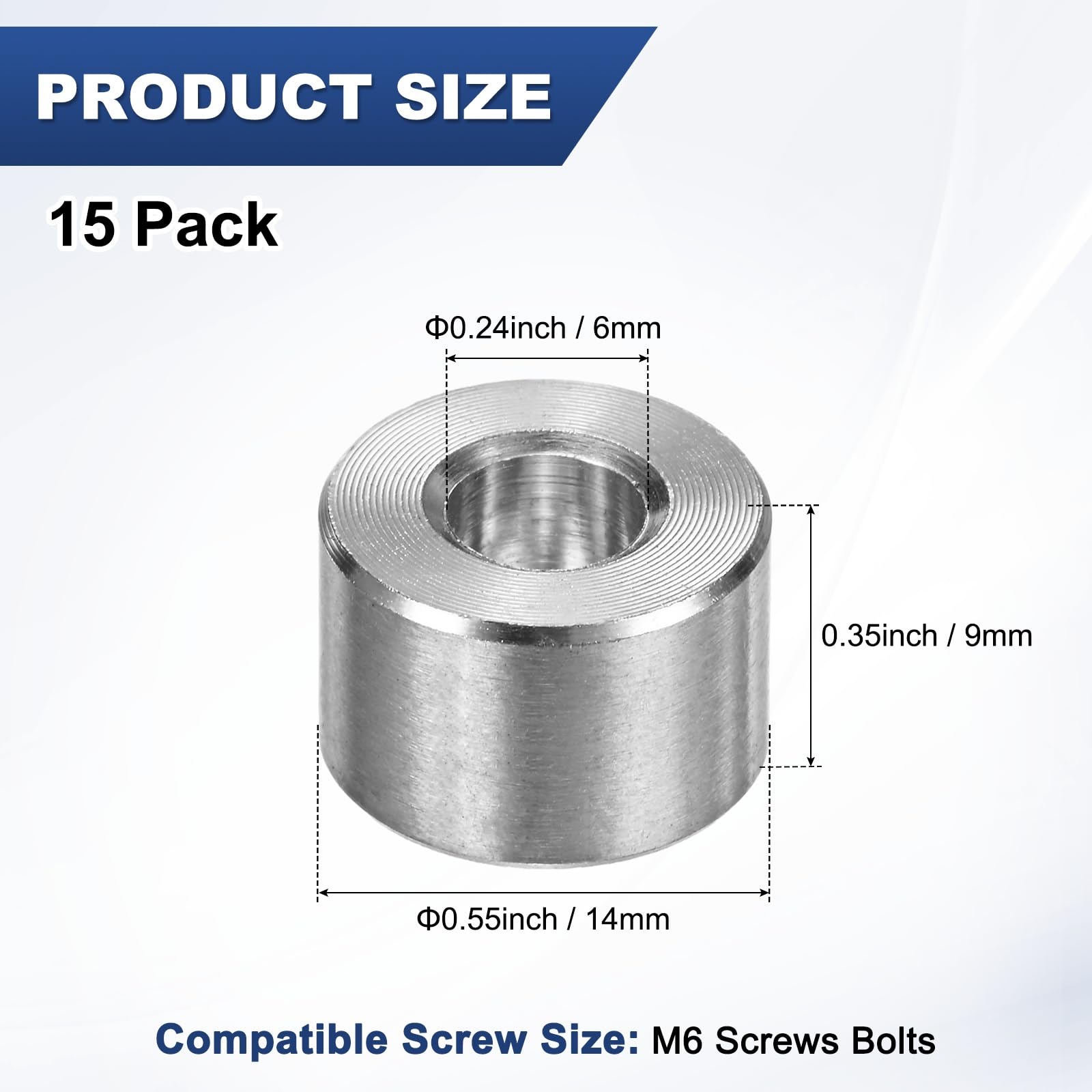 M METERXITY 15PCS M6 304 Stainless Steel Spacers 6mm ID x 14mm OD x 9mm l Metal Screw Standoff Bushing Plain Finish Round Spacer 304 Stainless Steel for Screws Bolts Silver - Image 3