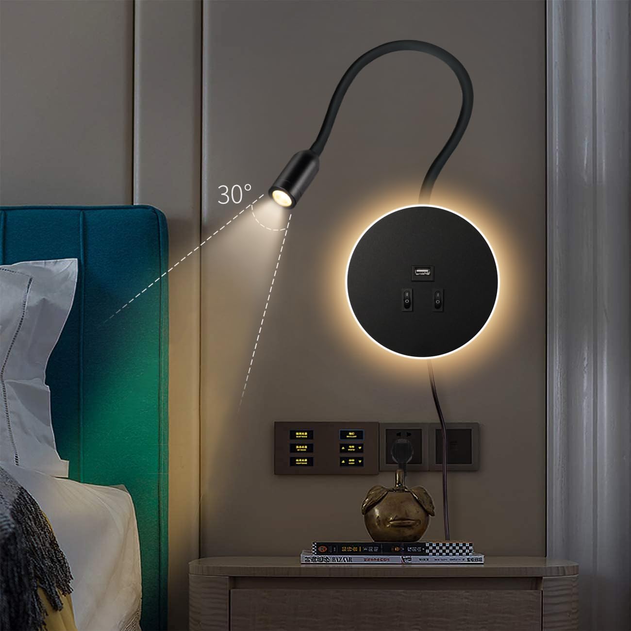 Applique murale LED,Col de Cygne Lumière, liseuse de chevet avec interrupteur, port de charge USB, éclairage d'ambiance de chambre à coucher Spot réglable (3W 3000K+8W 6000K) avec prise,Noir
