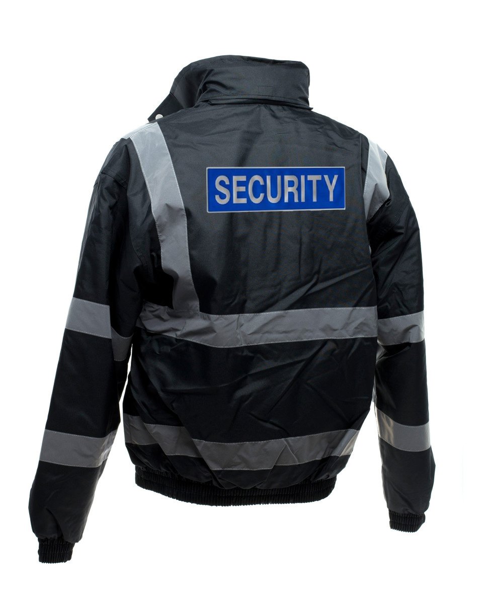 Workwear World Men's Black Ww154 Printed Reflective Security Badge Doorman Bouncer Sia Site Enhanced Viz Visibility Bomber Jacket Coat (L, )