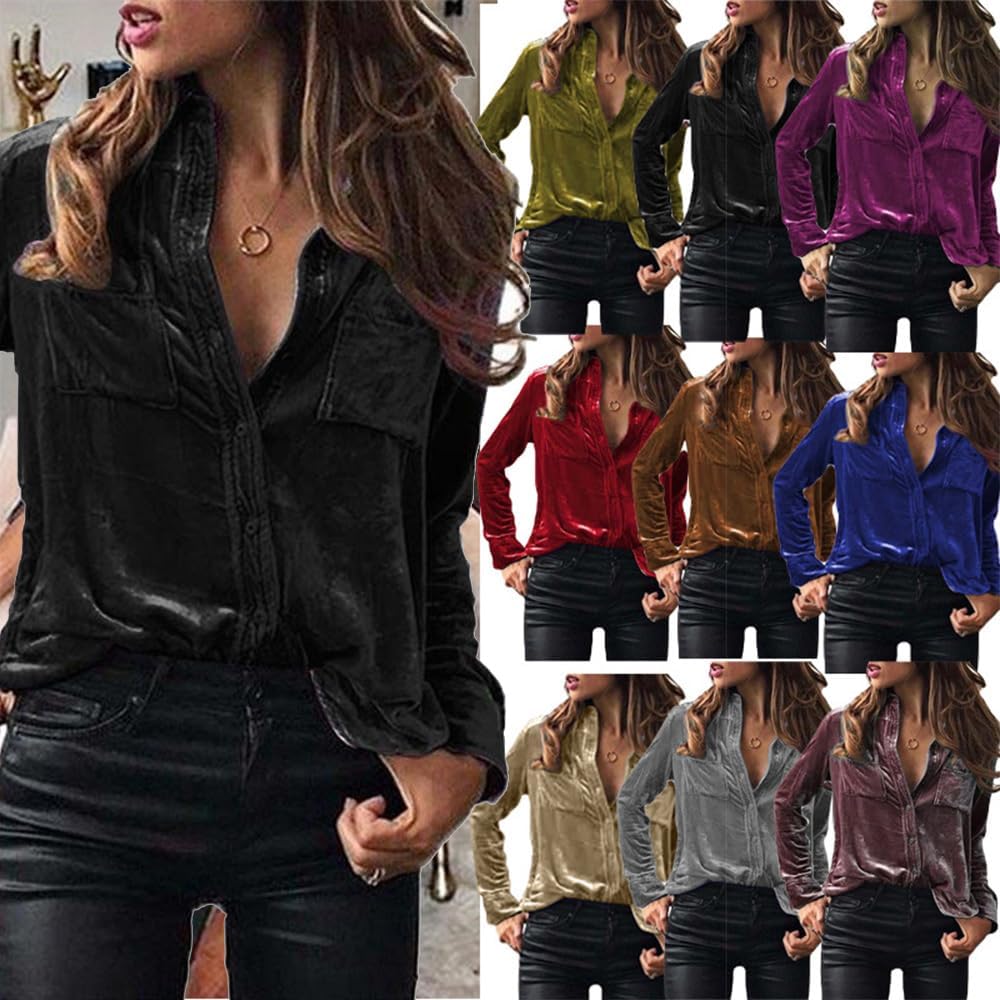 ZOCANIA Womens Button Down Shirts V Neck Long Sleeve Office Casual Business Plain Collared Blouse Tops with Pocket - Image 3