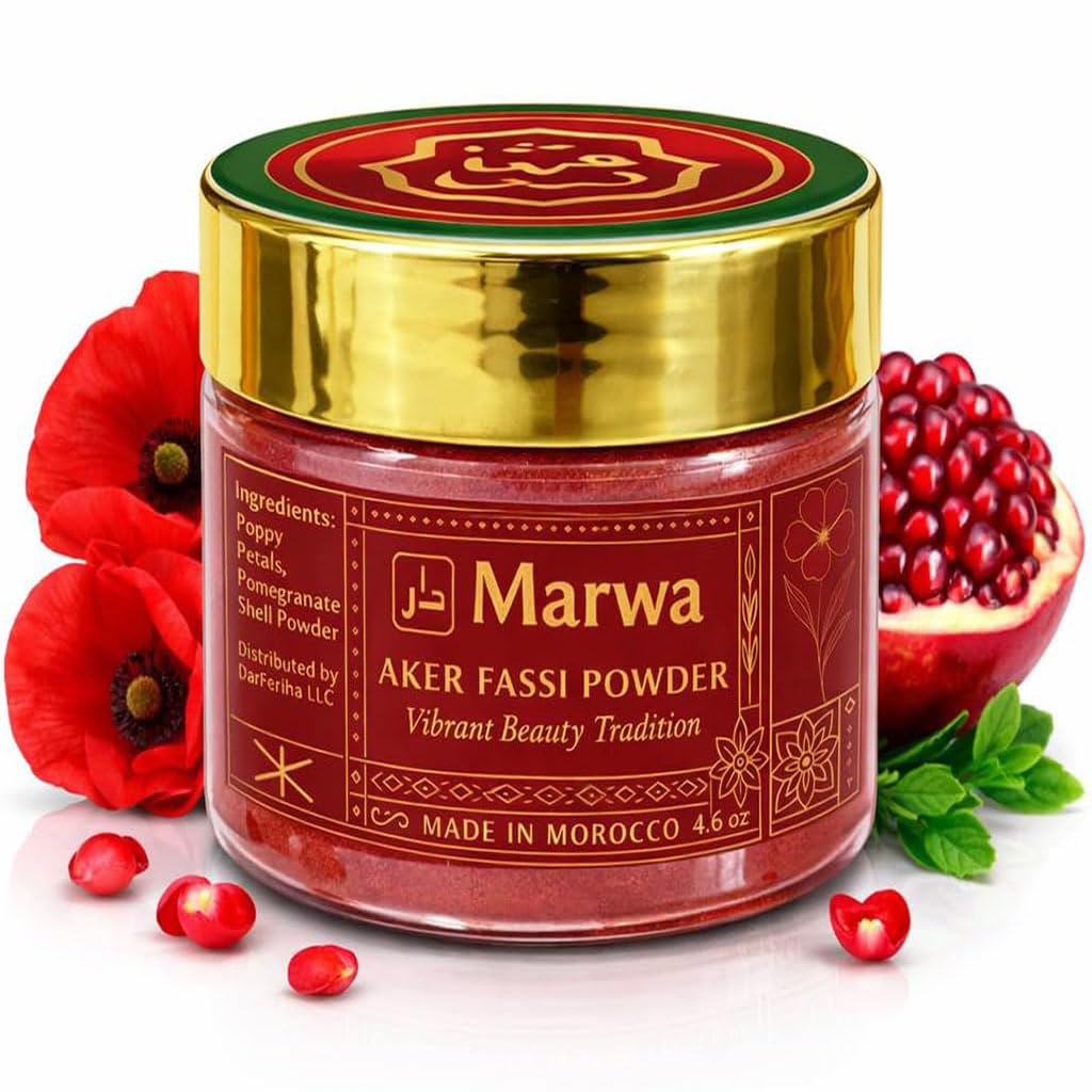Pure Moroccan Aker Fassi Powder – Natural Lip & Cheek Tint, Beauty Mask & Hammam Ritual – Red Poppy & Pomegranate – 4.6 oz (130g)