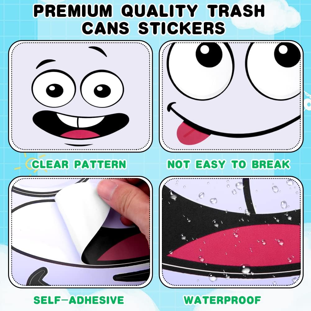 8 Sheets Bin Stickers Adhesive Cartoon Expressions Dustbin Sticker Decorative Wall Stickers Eyes and Mouth DIY Large Decal for Fridge Bins Wall, Indoor Outdoor (4pc expressions + 4pc logo)