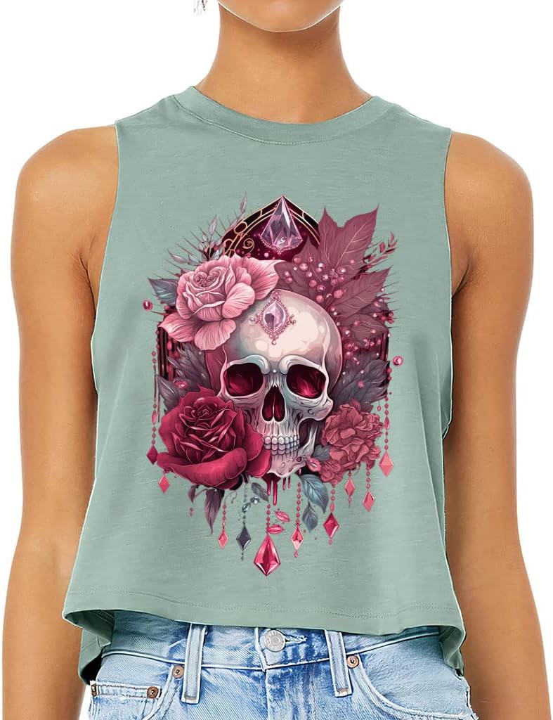 Flower Skull Racerback Cropped Tank - Skull Themed Women's Tank - Themed Tank Top - Heather Dusty Blue, XL