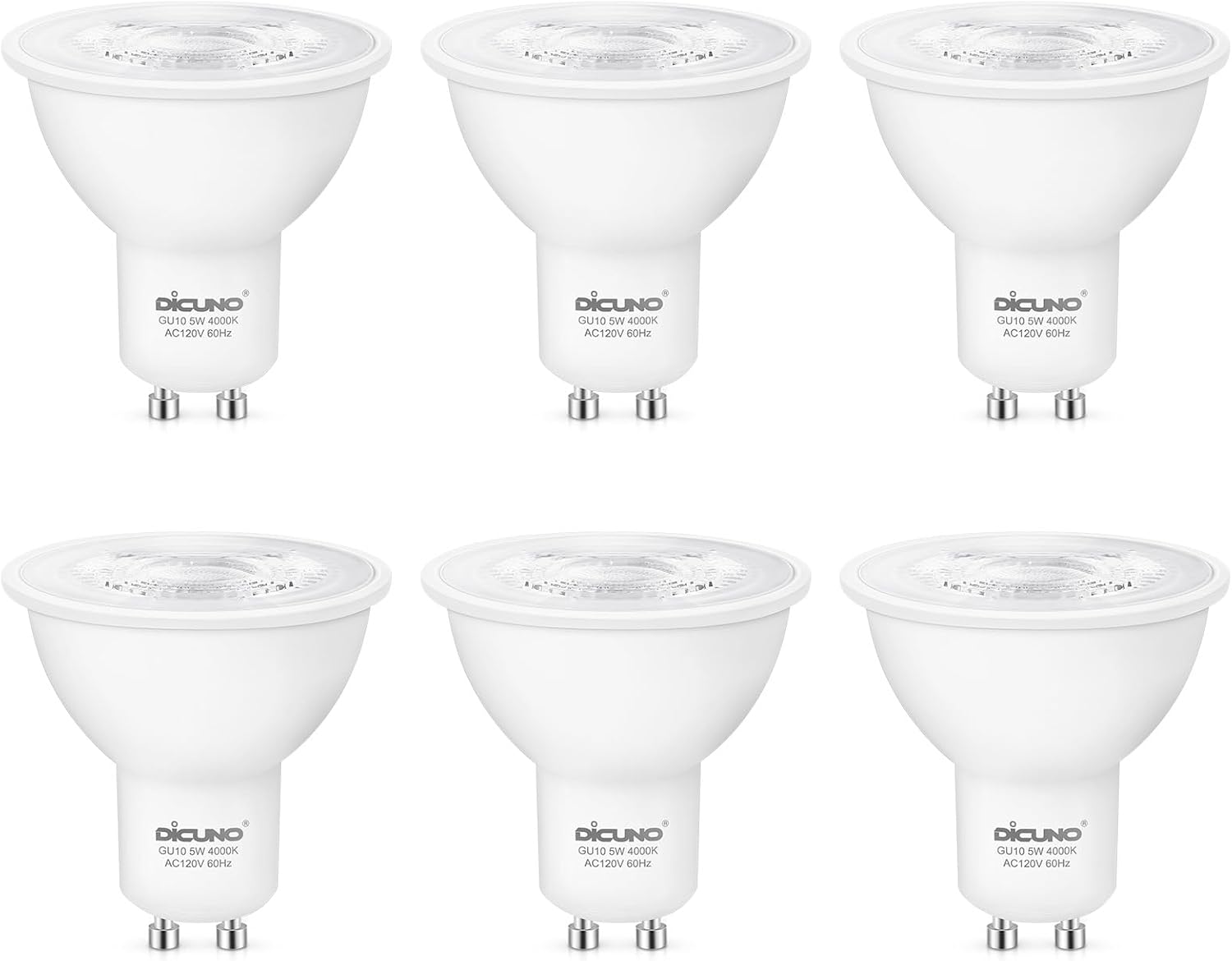 DiCUNO GU10 LED Bulb, 40W Equivalent, Natural White 4000K, Non-Dimmable, 450LM, MR16 GU10 LED for Spotlight, Track Lighting, 5W Recessed Ceiling Light Bulb with 38° Beam for Kitchen, Pack of 6