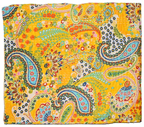 Handicrafts Plus 100% Cotton Kantha Quilt Handmade Bedspread Indian Yellow Paisley Design Blanket Home Decor Ralli Hippie Bedding Throw (Twin/Single (60x90 Inch))