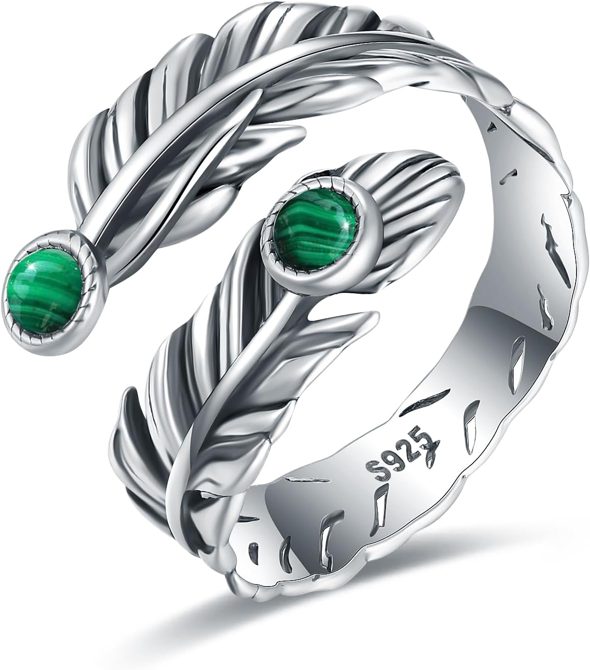 925 Sterling Silver Turquoise Feather Ring for Women - Adjustable Western Style Malachite Ring - Vintage Eagle Jewelry Gift for Daughter
