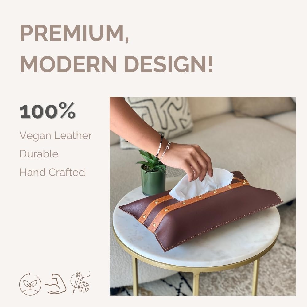 Mason Home Vegan Leather Brown & Tan Tissue Box Sleeve Pack of 1 - L 14" x B 9" | Paper Napkin Holder | Cover for Tissue Case - Holder - Dispenser - Organizer | Home - Office - Table - Desk