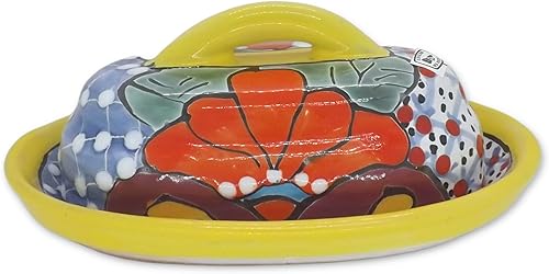 MEXTEQUIL - Cuenco para Mantequilla de Cerámica Talavera con Tapa Pintada a Mano, Auténtica Cerámica Mexicana de Cocina con Diseño Floral (Amarillo)
