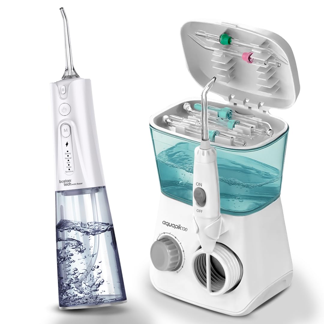 Compra Inteligente: Aquapik® 100 Irrigador dental Sobremesa + Aquapik® Plus en un Pack | Ahorra y Cuida Tu Salud Bucal en Casa y Viaje |Cubre diferentes necesidades bucales | Cuidado Premium