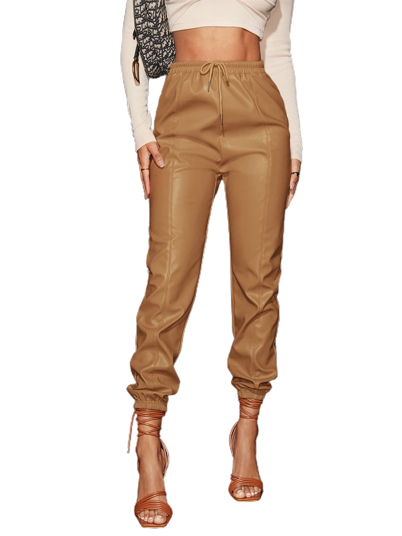 Floerns Womens Drawstring High Waisted Cropped Tapered Pu Leather Pants
