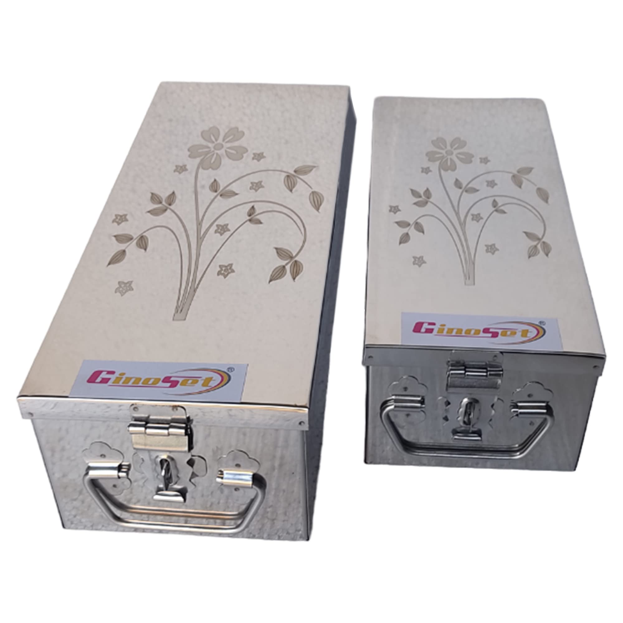 GinoSet® Stainless Steel Locker Boxes Jewellery Boxes Cash Peti Set (Multi_Pack of 2) Size - 8 Inch, 10 Inch With Laser Printed Design (Steel) (B09DWSNG23) Amazon Price History, Amazon Price Tracker
