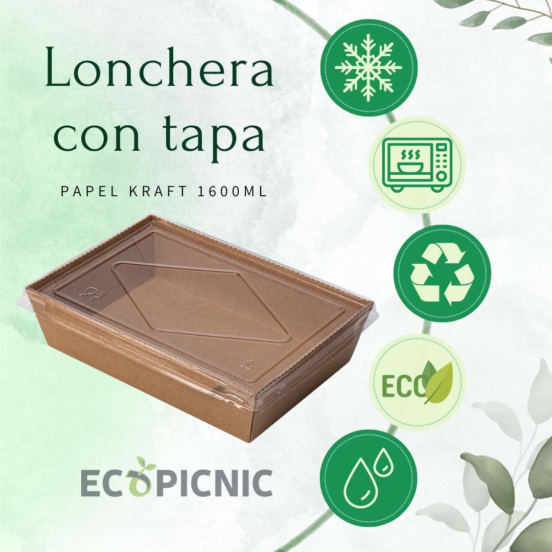 Lunchbox de Papel Kraft con Tapa 200 unidades 1600 ml | Cajas desechables de cartón kraft para comida, ideal para ensaladas, sándwiches, postres y comida para llevar