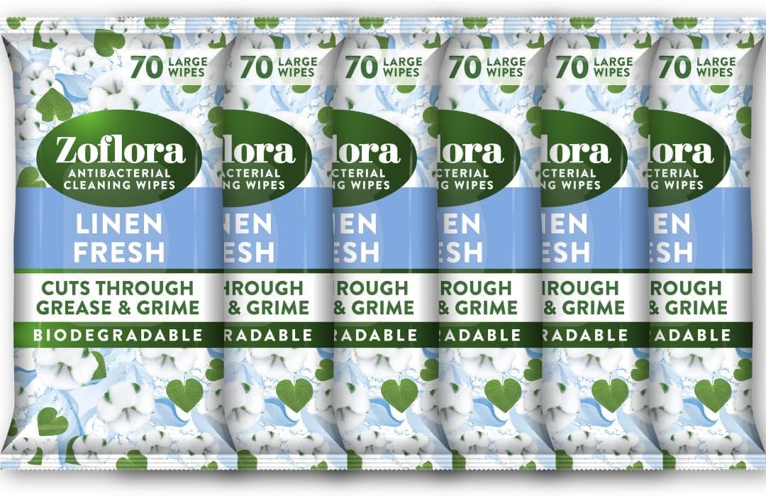 Zoflora Linen Fresh Biodegradable Wipes, Antibacterial Multi-surface Cleaning Wipes, Kills 99,9% of Bacteria & Viruses, Convenient, Quick Cleaning, 6 Pack, 70 per Pack (420 Sheets)