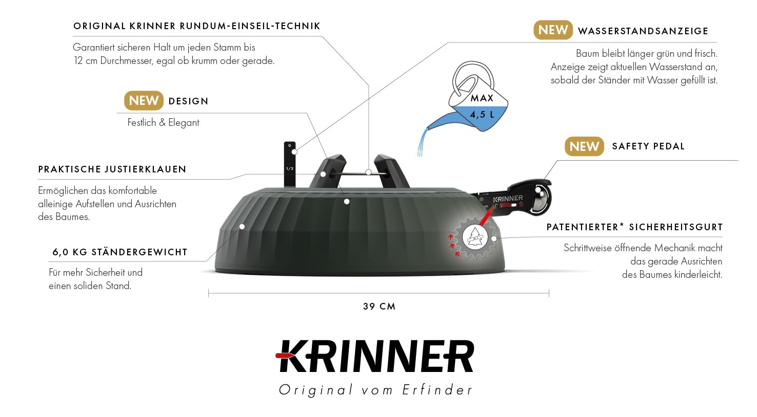 KRINNER® X-Series Deluxe Christbaumständer X-320 Deluxe Weihnachtsbaumständer NEU inkl. Fußpedal mit Sicherungsglocke und 4,5 Liter Wassertank für Baumhöhe bis 3,2m Made IN Germany 94345