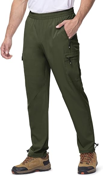 Rdruko Mens Drawstring Hiking Trousers with 5 Pockets | Slim Fit Lightweight Quick Dry Water Resistant Elastic Waist Outdoor Stretch Work Cargo Pants for Hiking Walking Camping