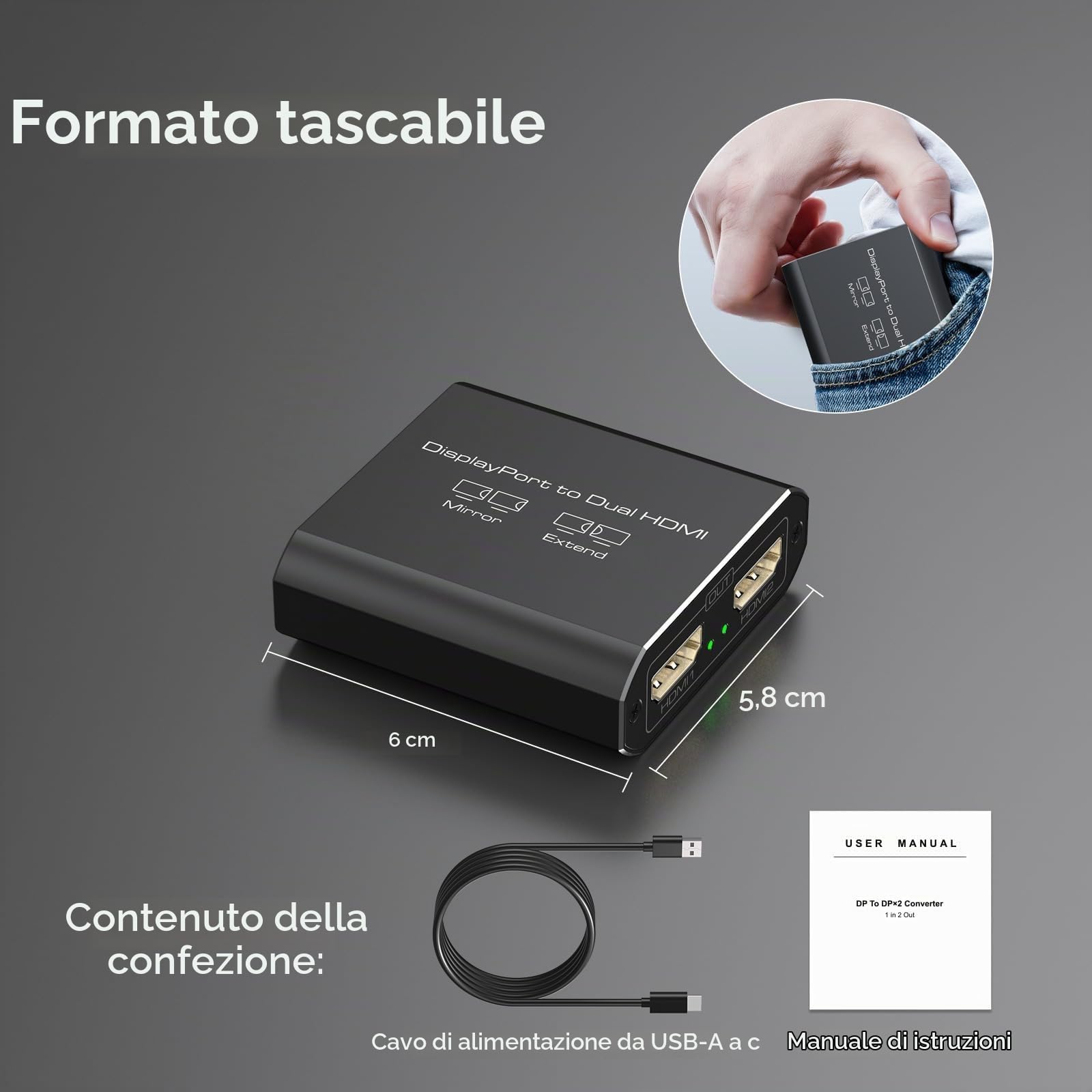 4K@60Hz Displayport a Dual HDMI Adattatore Display Port a 2 HDMI Splitter per 2 Monitor per Computer Grafica Schede Supporta MST & Modalità SST