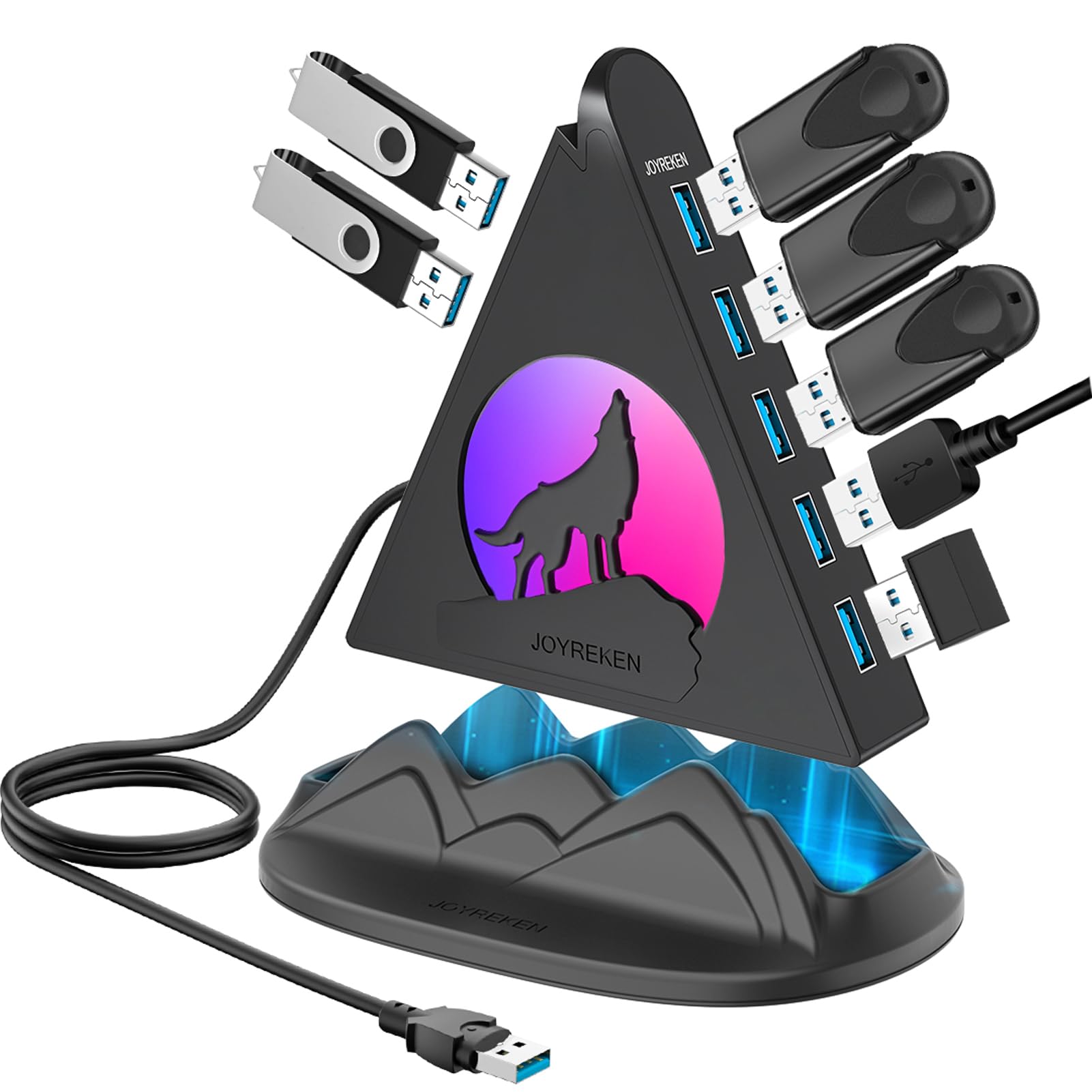 Concentrador USB 3.0 de 7 puertos, concentrador USB JoyReken para PC con cable de 2 pies de largo, concentrador de extensión USB vertical para escritorio, laptop, MacBook, Xbox, PS4/5, unidad flash,