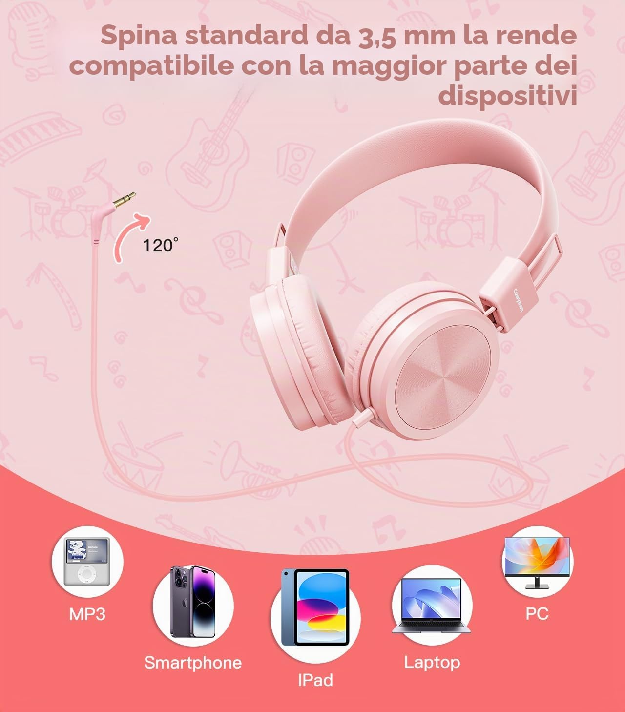 Cowyawn Cuffie per bambini, con limitatore di volume sicuro 94 dB, cuffie cablate per la scuola per bambini, design regolabile e flessibile, per ragazzi e ragazze