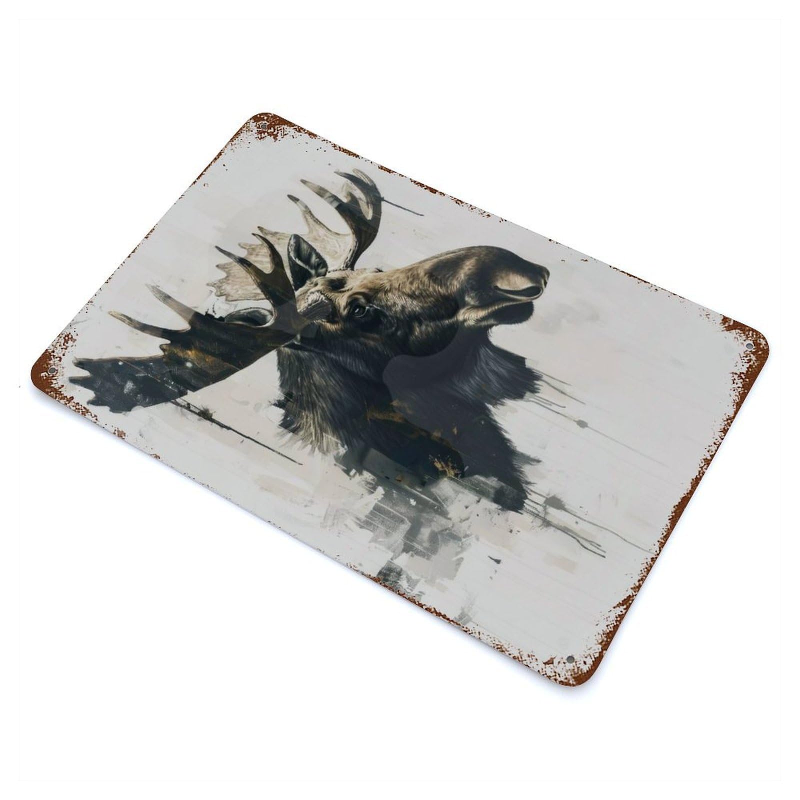 Decorative Tin Sign with Moose Watercolor Painting Design 11.8"x7.9", for Garage, Bar And Workshop Decor, Farmhouse Wall Decor