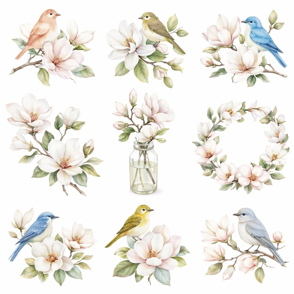 UV DTF Stickers Pack of 8 – Floral Bird Rub On Transfers for Glass, Cups & Jars – Waterproof Permanent Magnolia Flower Decals
